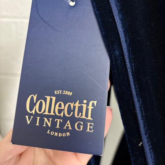 Collectif Vintage Navy Lexie Velvet Maxi Dress L UK 14 Long Sleeve Draped V-Neck - Picture 13 of 13